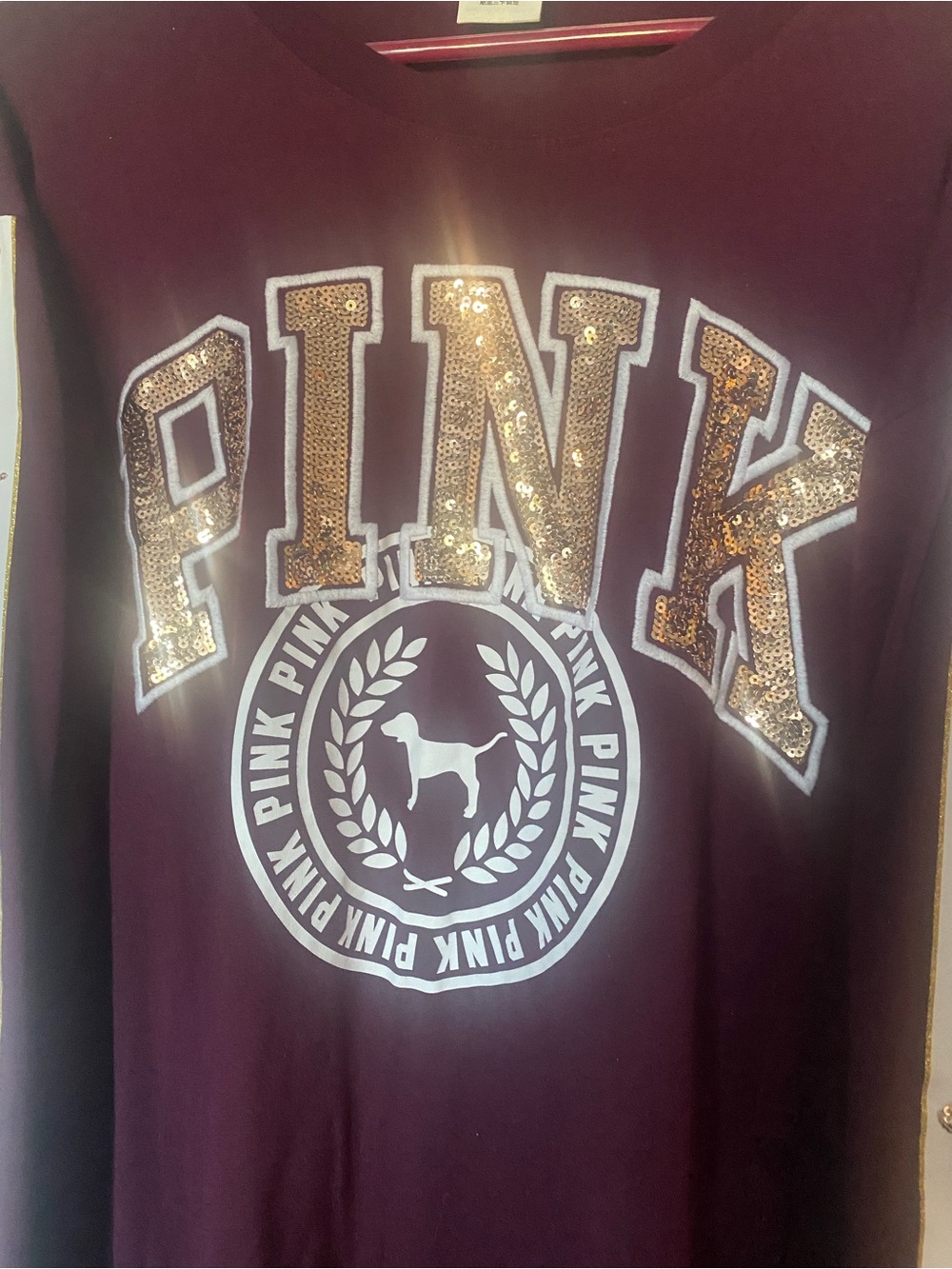 Victoria Secret PINK Maroon White Gold Sequin Letters LONGSLEEVE Top Rare Large - Picture 3 of 7